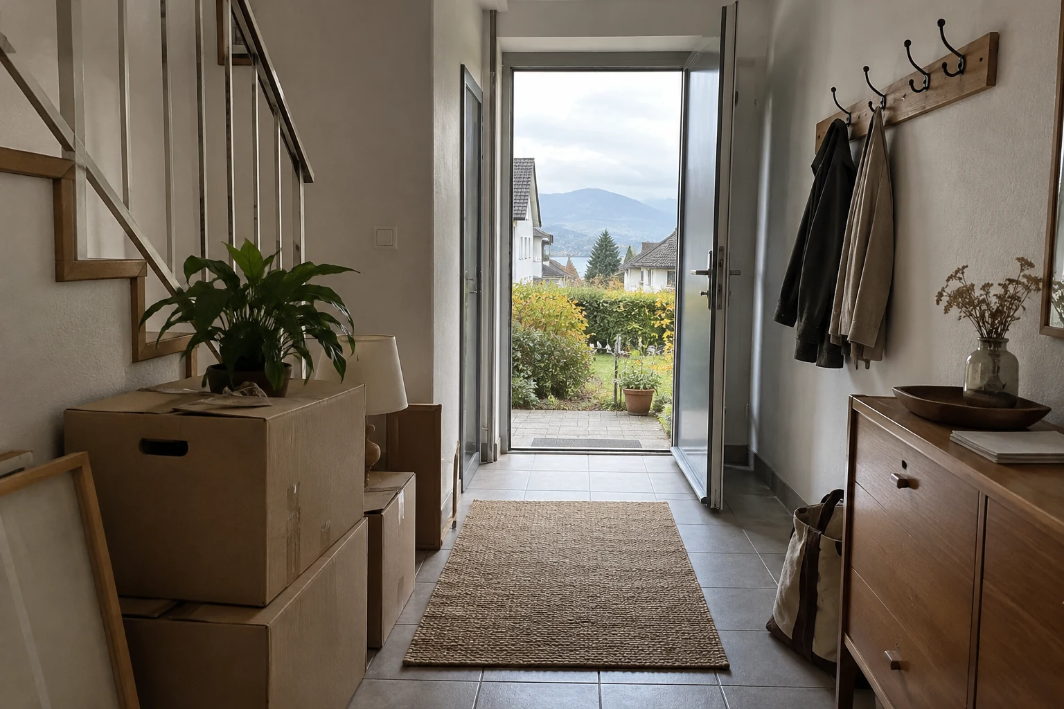 Illustration — Wohnungseingang mit Umzugskartons