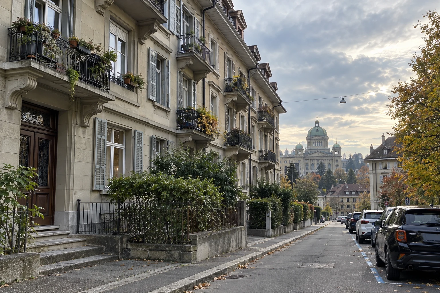 Straße mit Wohnhäusern und Blick auf die Stadt