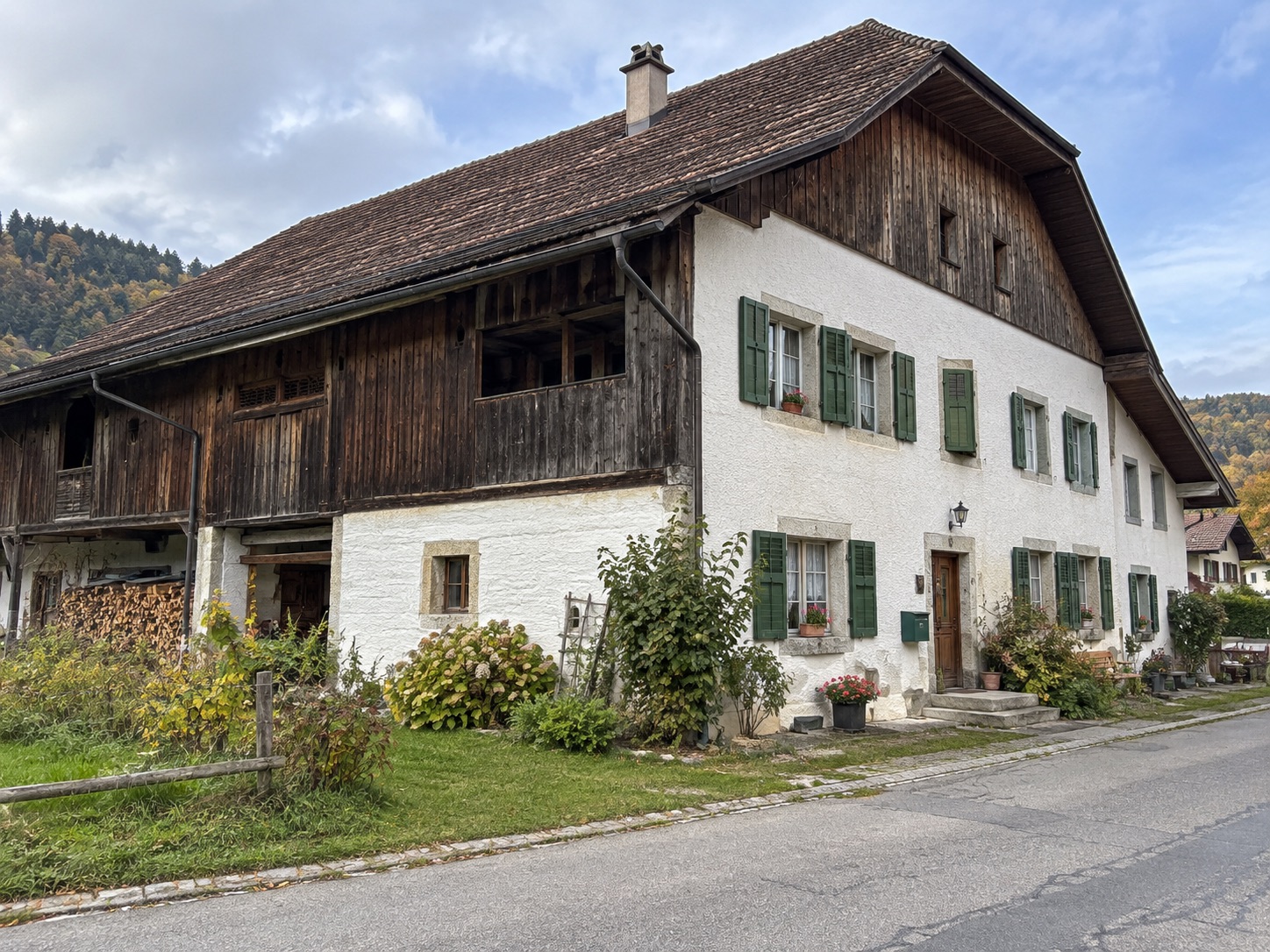 Ehemaliges Dorfbauernhaus zum Renovieren — Holzverkleidung, Grünfläche vor dem Haus