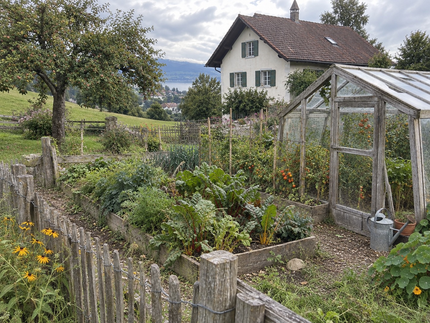 Haus mit grossem Gemüsegarten und Seeblick — Haus mit Ziegeldach, Glasgewächshaus, Eingezäunter Gemüsegarten, Obstbäume
