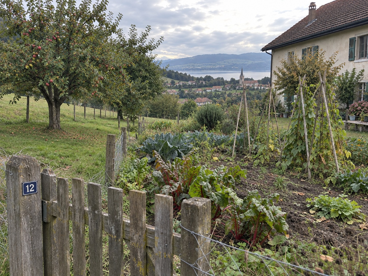 Haus mit Obstgarten und baumbestandenem Garten — Haus am Garten, Obstgarten, Eingezäunter Gemüsegarten, See im Hintergrund