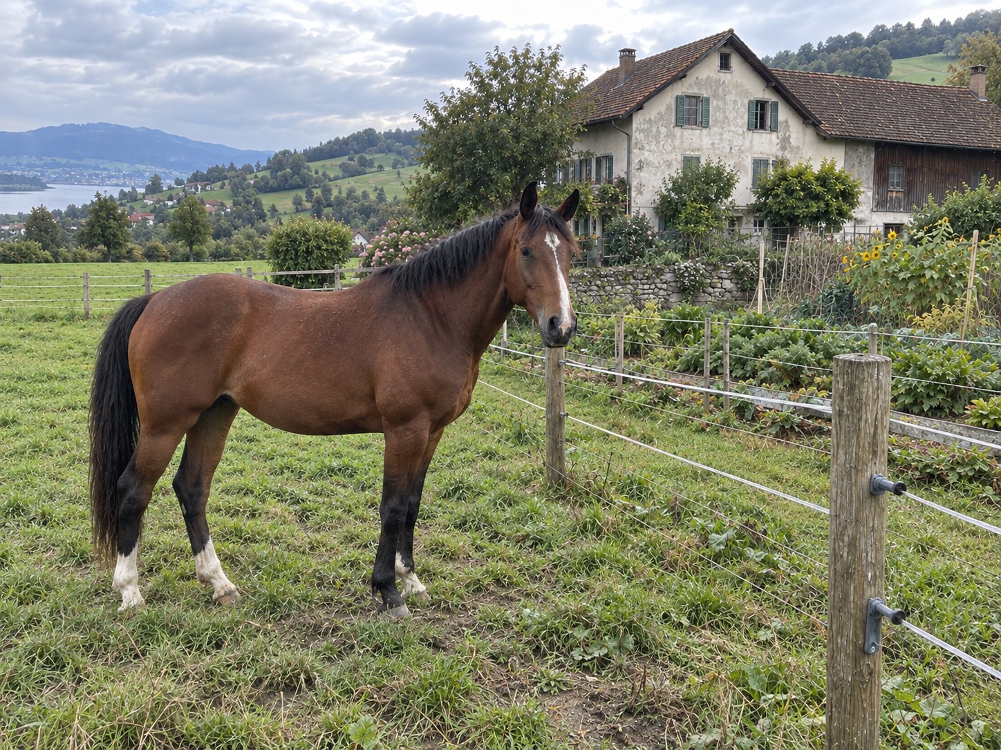 Haus mit grossem Obstgarten und Garten — Haus mit angrenzender Scheune, Eingezäunte Weide, Bewirtschafteter Gemüsegarten, Pferd auf der Weide