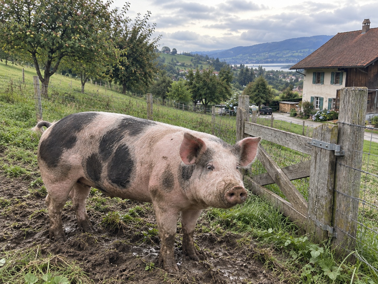 Bauernhaus mit Scheune und Agrarland — Haus mit angrenzender Scheune, Eingezäuntes Gehege, Bewirtschafteter Gemüsegarten, Schwein im Freien