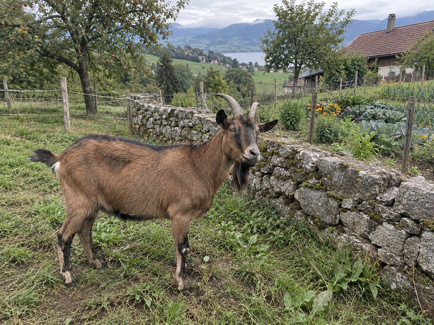Landhaus mit Seeblick und Landwirtschaftsland — Haus mit angrenzender Scheune, Eingezäunte Wiese, Bewirtschafteter Gemüsegarten, Ziege auf der Weide